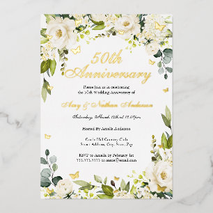 Invitación Con Relieve Metalizado Flores Mariposa Dorada 50 Aniversario de Boda