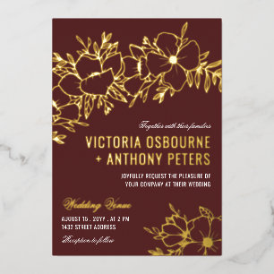 Invitación Con Relieve Metalizado Flores Marrón y Doradas Florales Boda