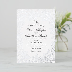 Invitación Con Relieve Metalizado Flores minimalistas de plata y boda negra