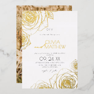 Invitación Con Relieve Metalizado Flores minimalistas modernas Rosa dorada Boda Foto
