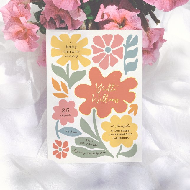 Invitación Con Relieve Metalizado Flores Modernas Audaces Ducha Bebé Ilustrada Única (Subido por el creador)