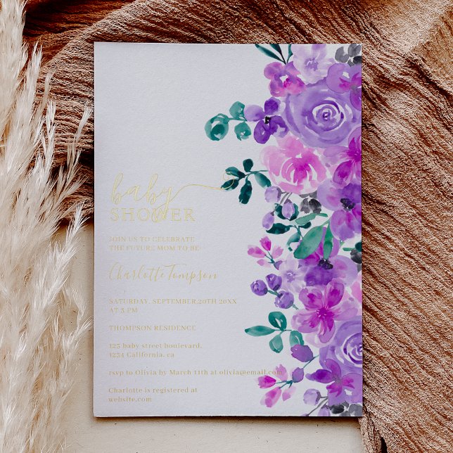 Invitación Con Relieve Metalizado Flores moradas románticas lavanda bebé ducha (Romantic real gold foil purple flowers lavender baby shower invitation)