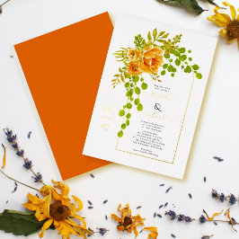 Invitación Con Relieve Metalizado Flores naranjas y Relieve metalizado oro real boda