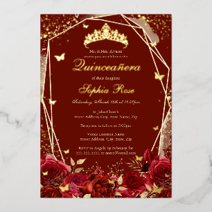 Invitación Con Relieve Metalizado Flores oro Rojo Tiara Quinceañera 