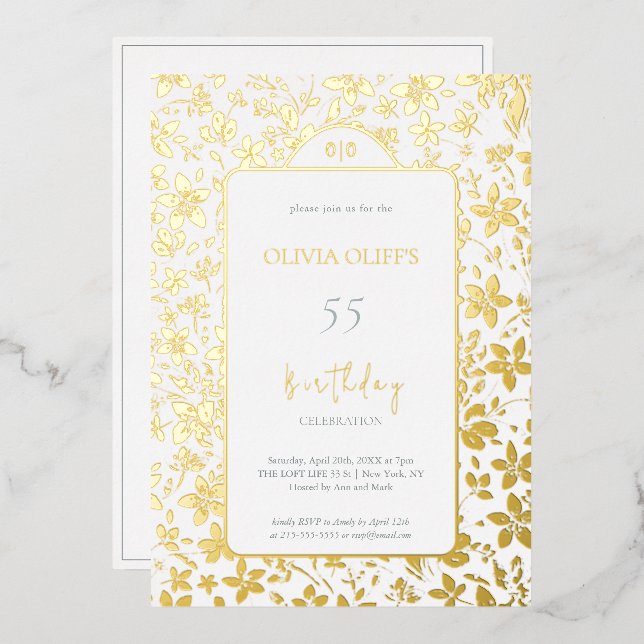 Invitación Con Relieve Metalizado Flores pequeñas Cumpleaños Cualquier Edad (Anverso/Reverso)