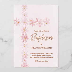 Invitación Con Relieve Metalizado flores rosadas acuarela cruz Bautismo