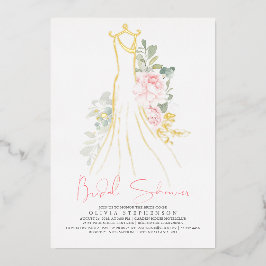 Invitación Con Relieve Metalizado Flores rosadas elegantes, dorada y verde ducha de 