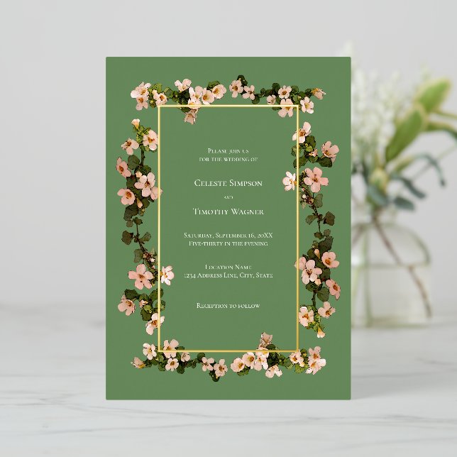 Invitación Con Relieve Metalizado Flores rosadas polvorientas - Sabor - Boda de marc (Anverso de pie)