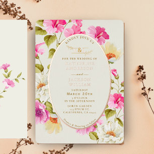 Invitación Con Relieve Metalizado Flores rosadas rosa Boda de oro