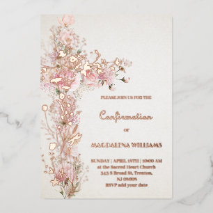 Invitación Con Relieve Metalizado Flores rosadas Santa cruz Confirmación