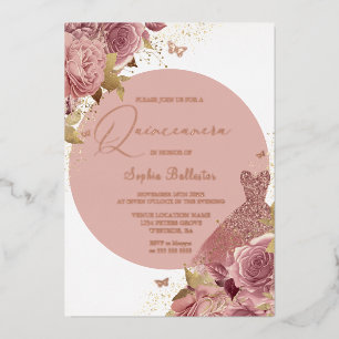 Invitación Con Relieve Metalizado Flores Rosadas & Vestido Quinceañera Rosa Dorado