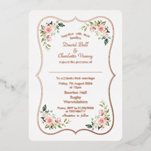 Invitación Con Relieve Metalizado Flores rosas encantadoras Rosa Boda de marcos dora