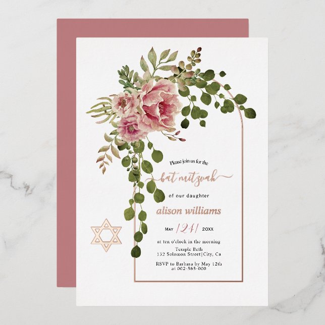 Invitación Con Relieve Metalizado Flores rosas polvorientas, oro rosa Bat Mitzvah (Anverso/Reverso)