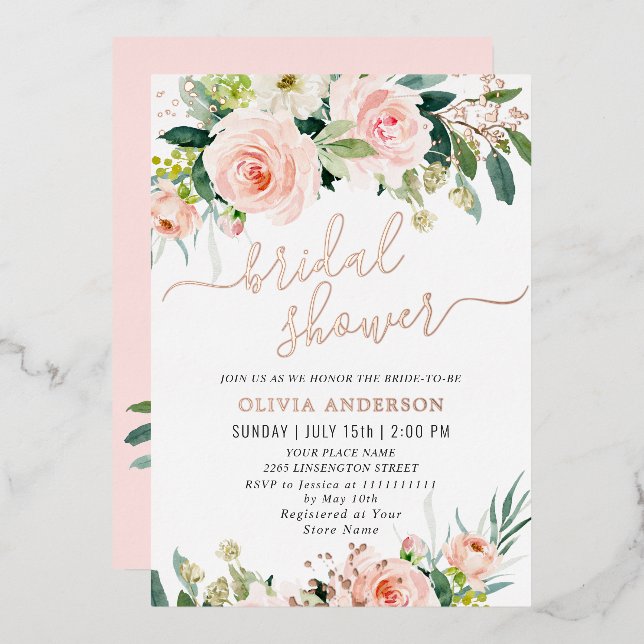 Invitación Con Relieve Metalizado Flores rosas Rubor acuarela novia ducha dorada (Anverso/Reverso)