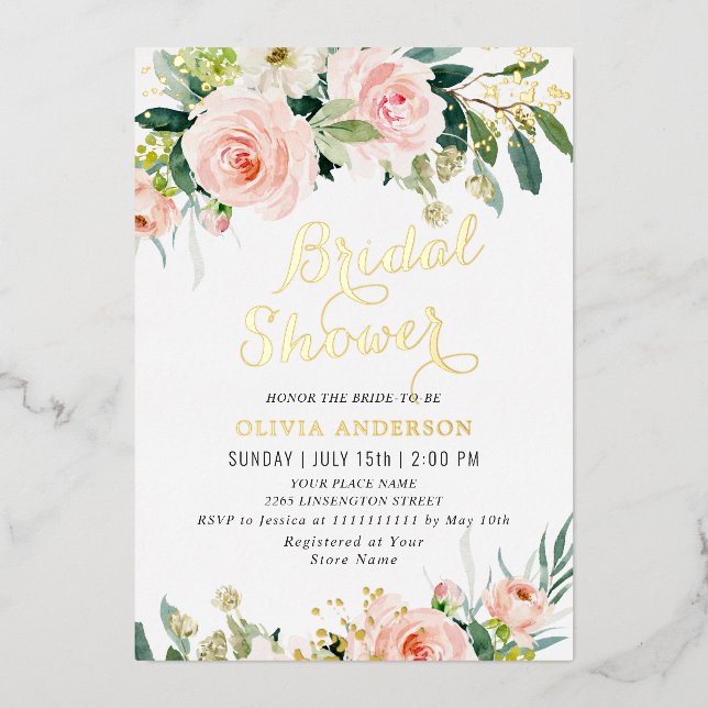 Invitación Con Relieve Metalizado Flores rosas Rubor acuarela novia ducha dorada (Anverso)