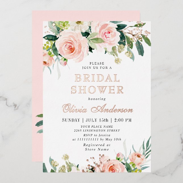 Invitación Con Relieve Metalizado Flores rosas Rubor acuarela novia ducha dorada (Anverso/Reverso)