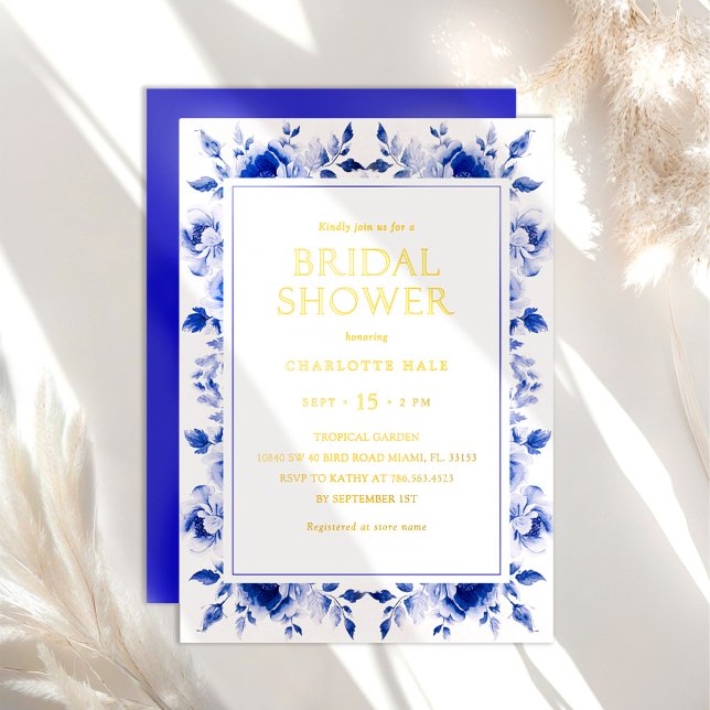 Invitación Con Relieve Metalizado Flores Royal Blue Bridal Shower Gold (Subido por el creador)