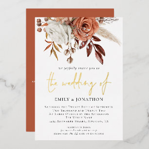Invitación Con Relieve Metalizado Flores Rústicas de Otoño Terracota Boda Glam Real