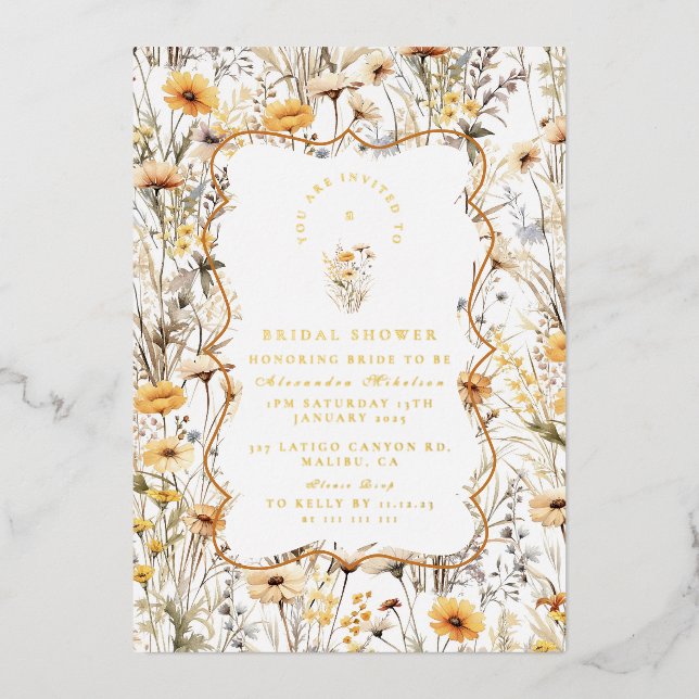 Invitación Con Relieve Metalizado Flores salvajes amarillas vintage Ducha de novia (Anverso)