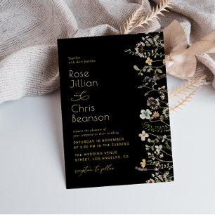 Invitación Con Relieve Metalizado Flores salvajes color agua Boda negro