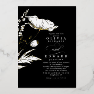 Invitación Con Relieve Metalizado Flores salvajes dibujadas a mano Elegante Boda neg