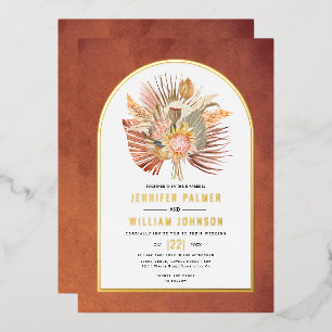 Invitación Con Relieve Metalizado Flores secas pampas hierba terracota boda oro