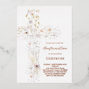 Invitación Con Relieve Metalizado flores silvestres acuarela cruz confirmación