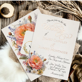 Invitación Con Relieve Metalizado Flores silvestres acuarela, monograma - crema