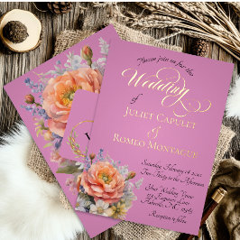 Invitación Con Relieve Metalizado Flores silvestres acuarela, Monograma - Rosa