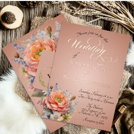 Invitación Con Relieve Metalizado Flores silvestres acuarela, Monograma - Rosa dorad