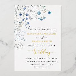 Invitación Con Relieve Metalizado flores silvestres azules boda de invierno