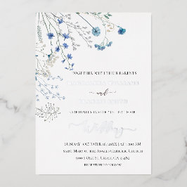 Invitación Con Relieve Metalizado flores silvestres azules boda de invierno