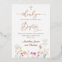 Invitación Con Relieve Metalizado flores silvestres Baptism gracias por venir