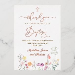 Invitación Con Relieve Metalizado flores silvestres Bautizo gracias por venir