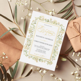 Invitación Con Relieve Metalizado Flores silvestres botánicas florales blancas Boda 