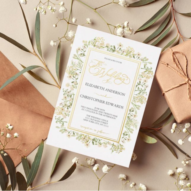 Invitación Con Relieve Metalizado Flores silvestres botánicas florales blancas Boda  (Subido por el creador)