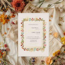 Invitación Con Relieve Metalizado Flores silvestres coloridas Floral Jardín Boda Oro