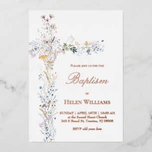 Invitación Con Relieve Metalizado flores silvestres cruzan Bautismo