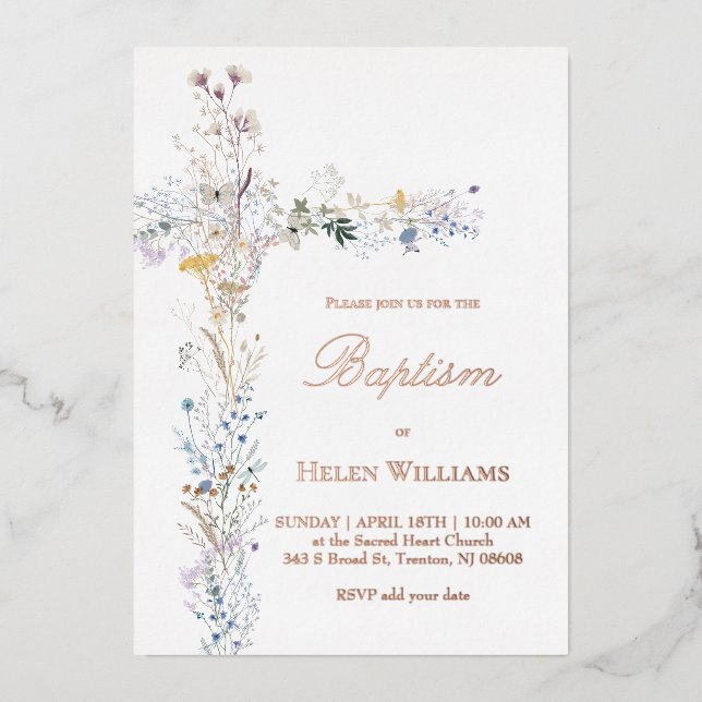 Invitación Con Relieve Metalizado flores silvestres cruzan el bautismo (Anverso)