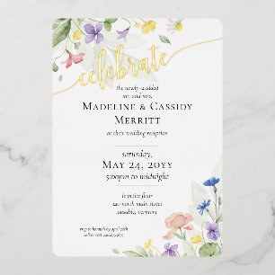 Invitación Con Relieve Metalizado Flores silvestres de color de agua de la recepción