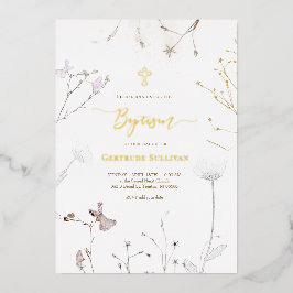 Invitación Con Relieve Metalizado flores silvestres delicadas Bautismo