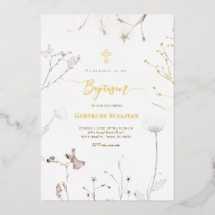 Invitación Con Relieve Metalizado flores silvestres delicadas Bautismo