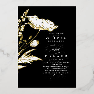 Invitación Con Relieve Metalizado Flores silvestres dibujadas a mano Elegante boda n