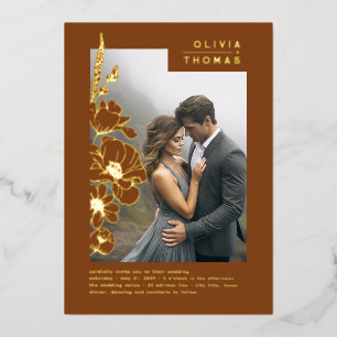 Invitación Con Relieve Metalizado Flores silvestres elegante foto Boda de Terracotta