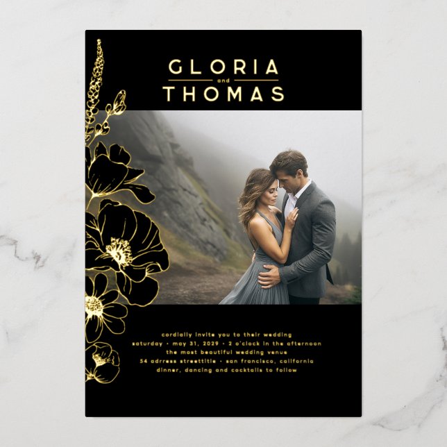 Invitación Con Relieve Metalizado Flores silvestres elegante imagen moderna de Boda  (Anverso)