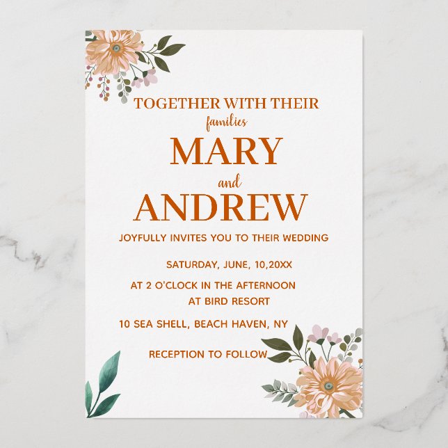 Invitación Con Relieve Metalizado Flores silvestres en flor (Anverso)