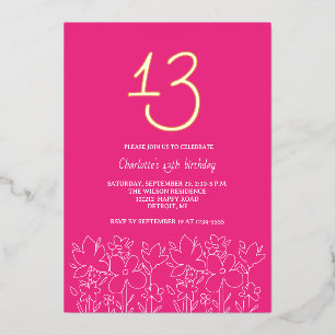 Invitación Con Relieve Metalizado Flores Silvestres Lindas Modernas Cumpleaños 13