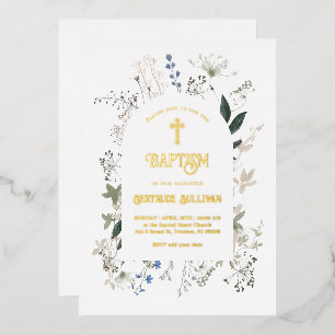 Invitación Con Relieve Metalizado flores silvestres marco Bautismo