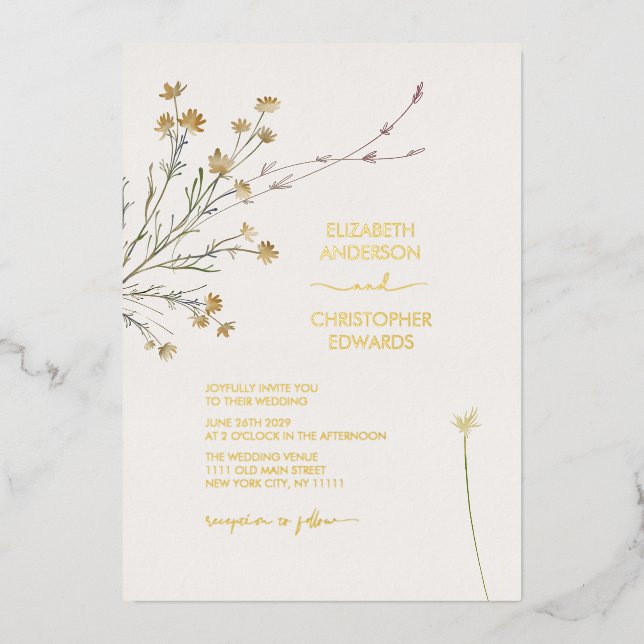 Invitación Con Relieve Metalizado Flores silvestres mínimas Floral simple Boda oro (Anverso)
