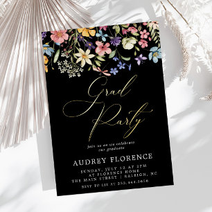 Invitación Con Relieve Metalizado Flores Silvestres Modernas Fiesta de Graduación co